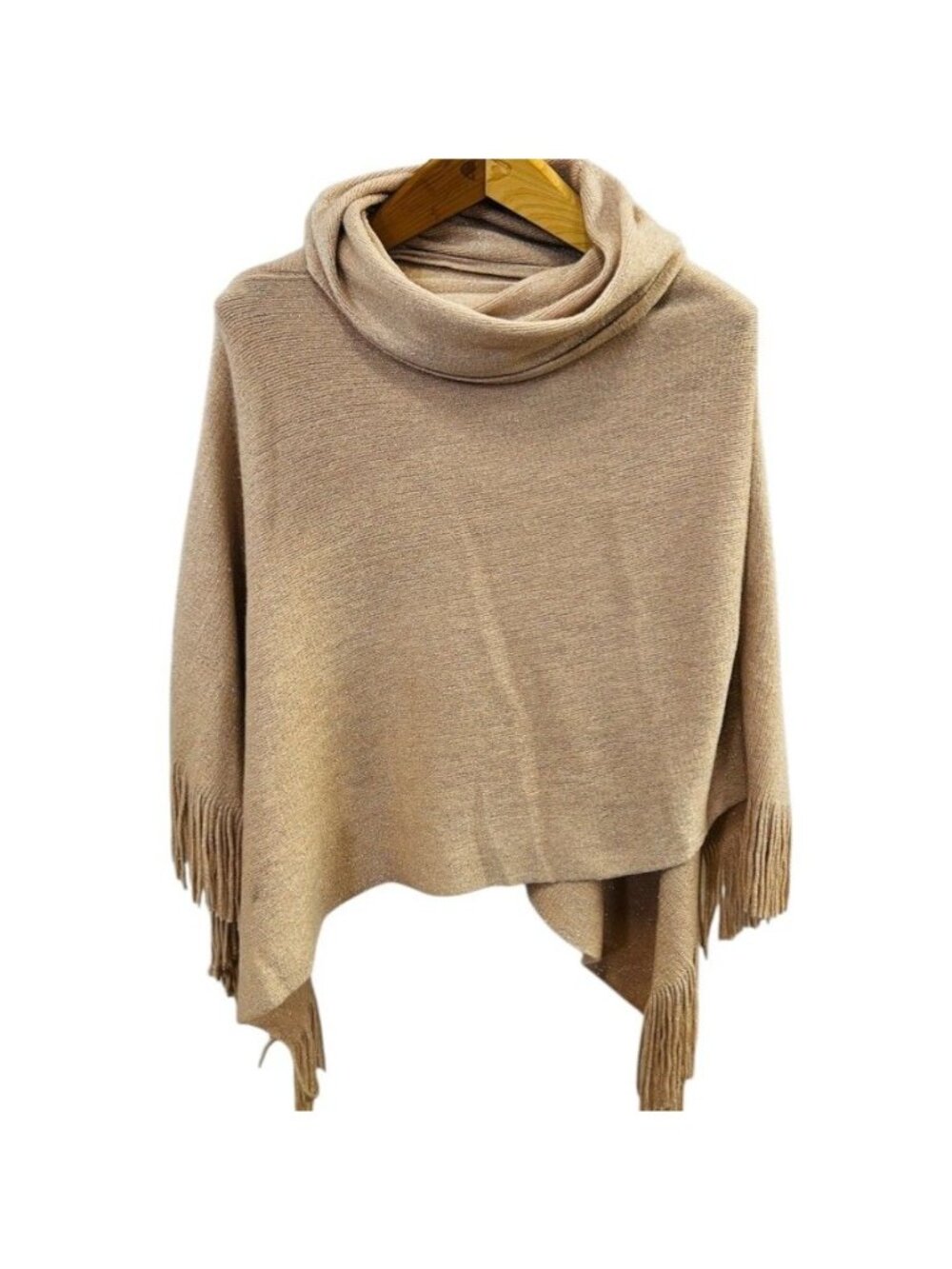 G Beige Shimmer Knit Poncho Cowl Neck Fringe One Size 100% Acrylic, boho, neutra